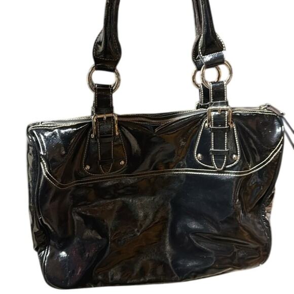 DNKY Black Patent Leather Y2K 80s Dark Academia Goth Handbag Purse Travel Bag - Picture 3 of 8